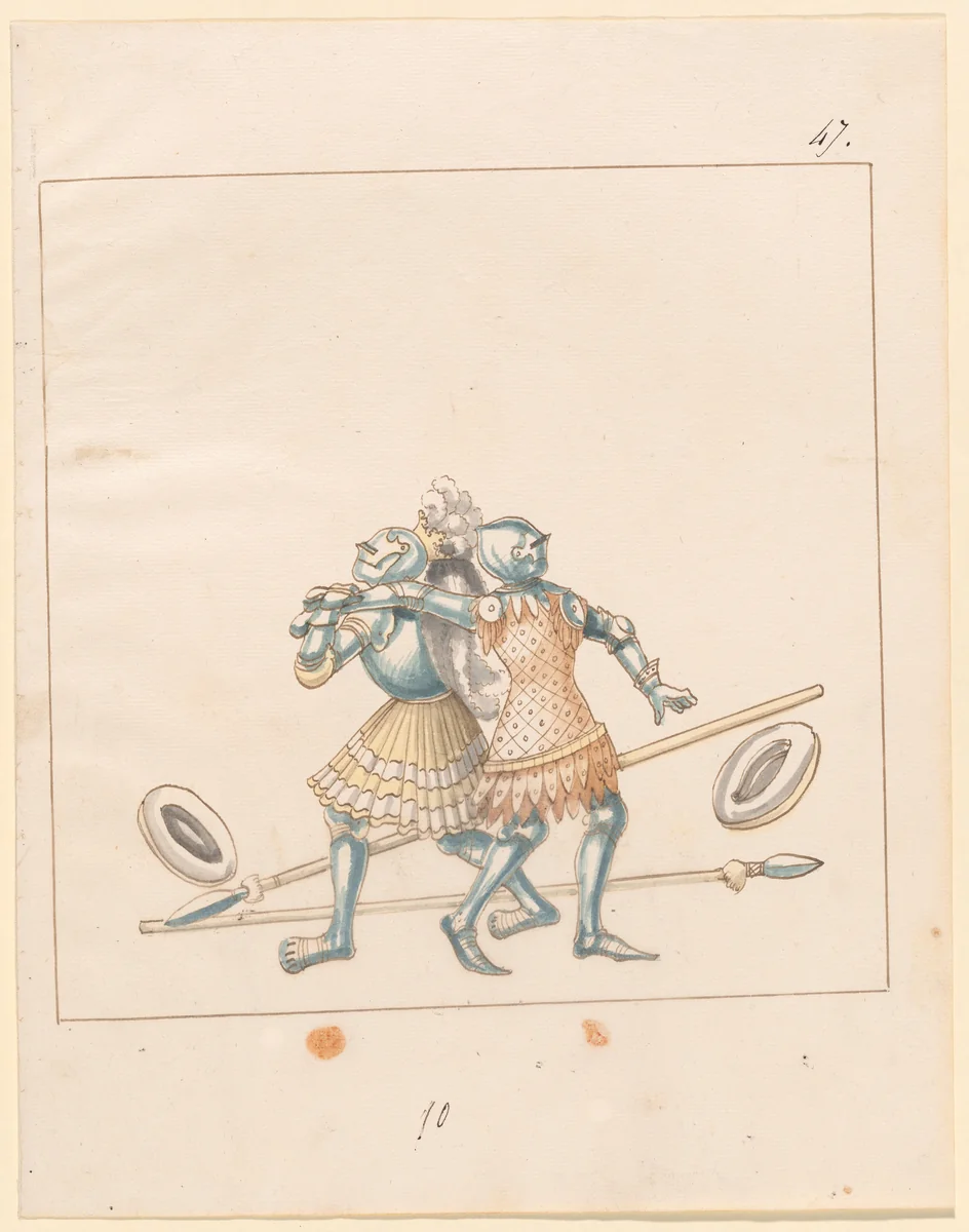 Foot Combat with Spears and Buckler Shields by German 16th Century, drawing, 1515