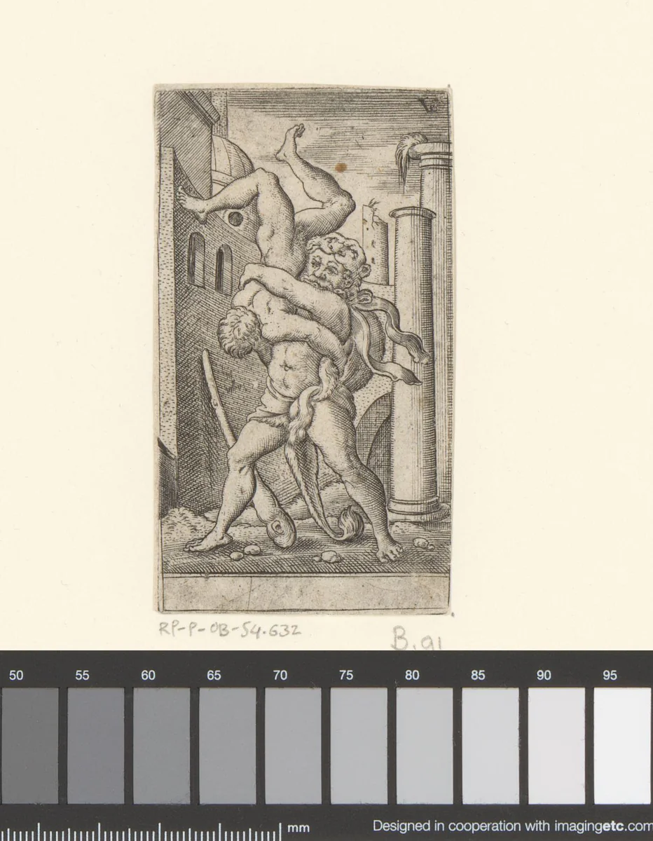 Hercules worstelt met Antaeus by Unknown, print, 1524-1562