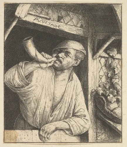 Baker Blowing Horn by Adriaen van Ostade, print, 1610-1685