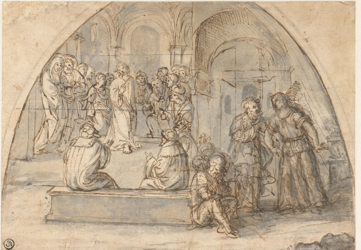 Twaalfjarige Chistus in de Tempel en de Bevrijding van Petrus by Unknown, drawing, 1475-1518