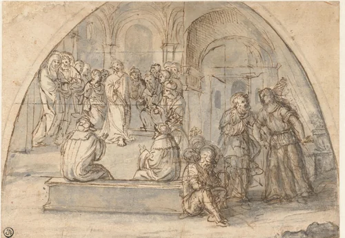 Twaalfjarige Chistus in de Tempel en de Bevrijding van Petrus by Unknown, drawing, 1475-1518