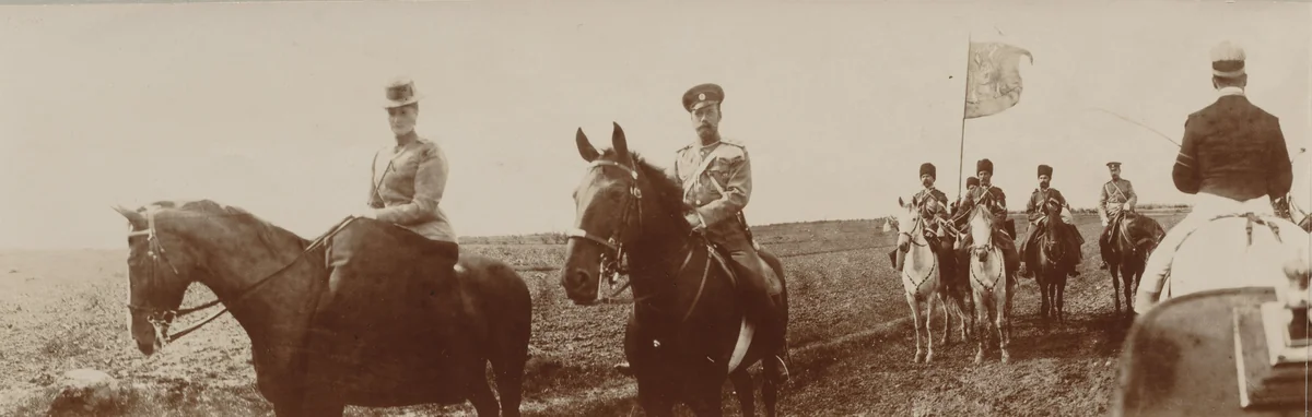 Empress Alexandra Feodorovna and Emperor Nicholas II on Horseback, with Carriage Passing, Ropsha by Unidentified Photographer, photograph, 1907