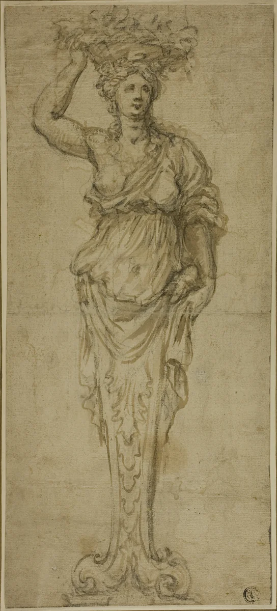 Caryatid (recto); Three Sketches: Two Caryatids, Pair of Putti Standing on Globe (verso) by Unknown Artist, drawing, 1600-1699