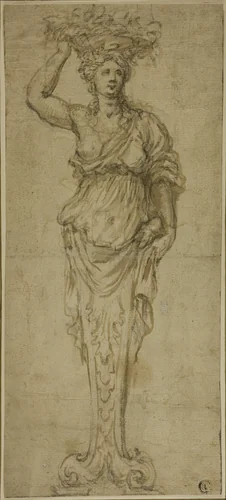 Caryatid (recto); Three Sketches: Two Caryatids, Pair of Putti Standing on Globe (verso) by Unknown Artist, drawing, 1600-1699