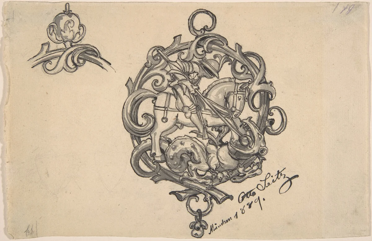 Design for a Pendant with St. George and the Dragon by Otto Seitz, drawing, 1889