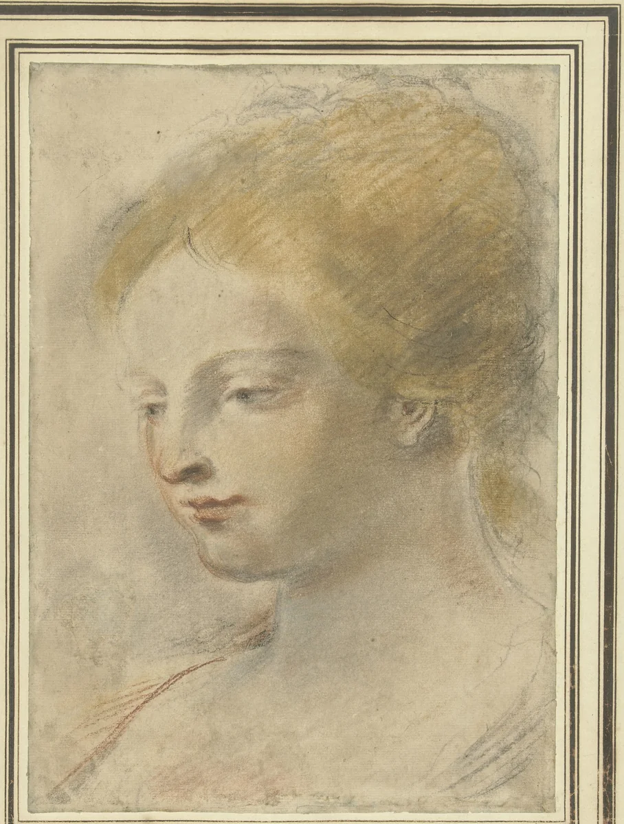 Hoofd van een jonge vrouw, met neergeslagen blik by Guercino, drawing, 1601-1666