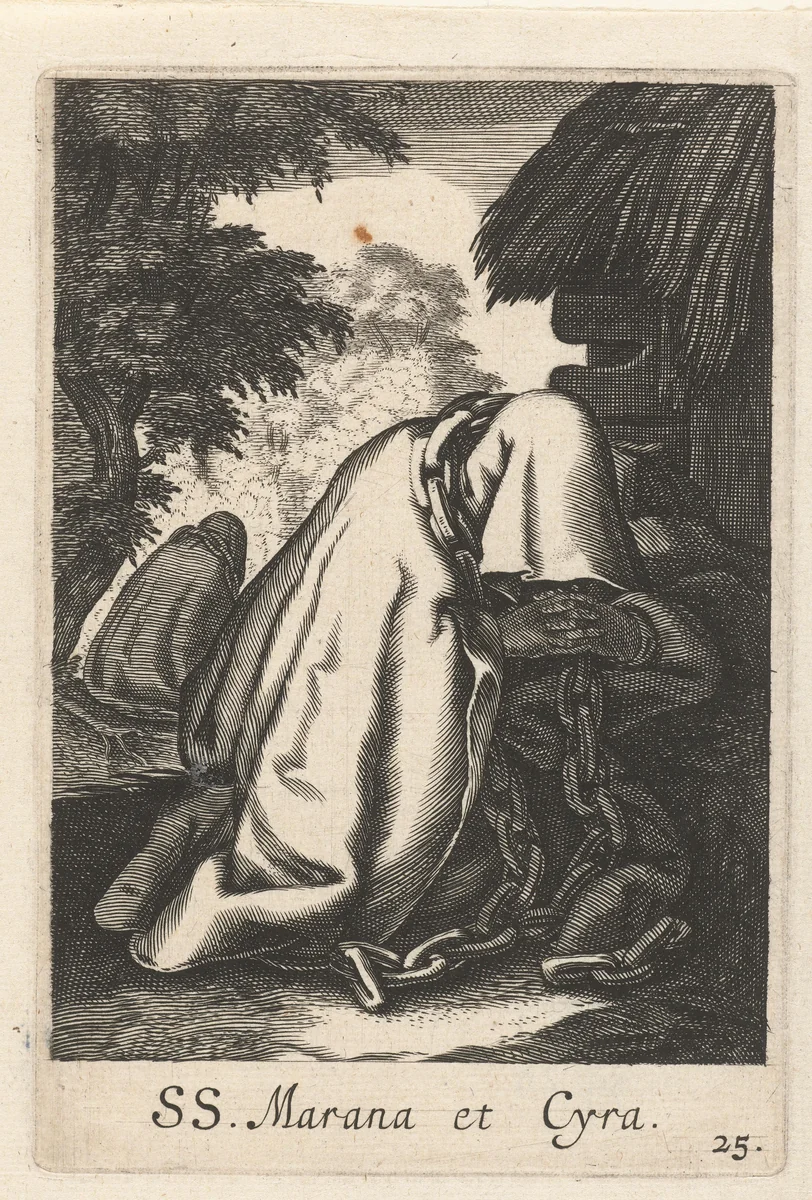 Heilige Marana van Syrië en heilige Cyra als kluizenaressen met ketenen by anonymous, print, 1590-1662