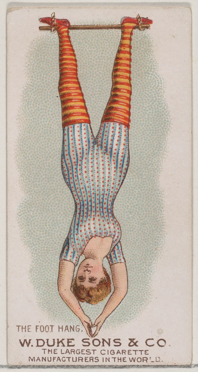 The Foot Hang, from the Gymnastic Exercises series (N77) for Duke brand cigarettes by W. Duke, Sons & Co., print, 1887