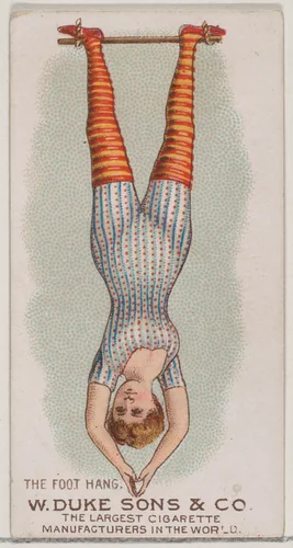 The Foot Hang, from the Gymnastic Exercises series (N77) for Duke brand cigarettes by W. Duke, Sons & Co., print, 1887