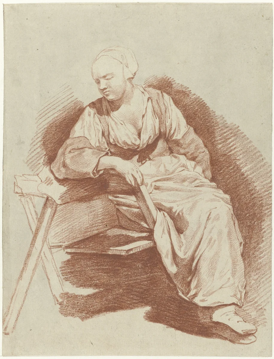 Study of a Woman Seated, Leaning on her Right Arm by Cornelis Pietersz. Bega, drawing, 1661-1664