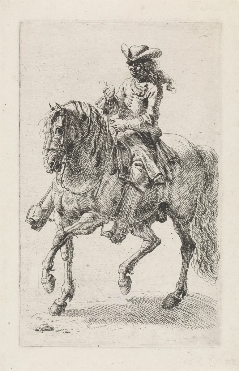 Ruiter laat zijn paard naar rechts traverseren by Dirk Maas, print, 1669-1717