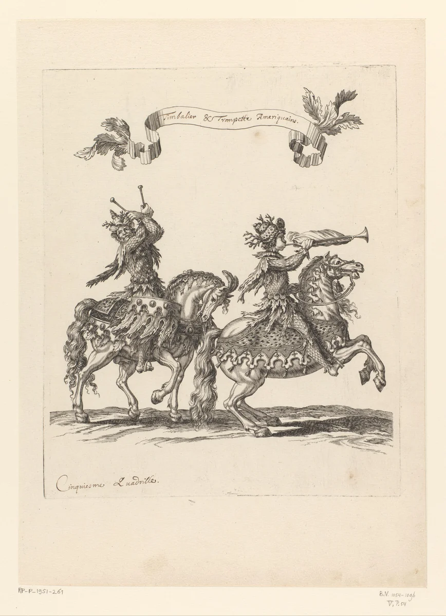 Trommelslager en trompettist te paard verkleed als wildemannen by François Chauveau, print, 1670