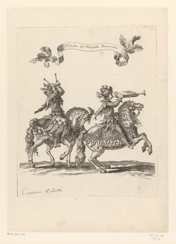 Trommelslager en trompettist te paard verkleed als wildemannen by François Chauveau, print, 1670