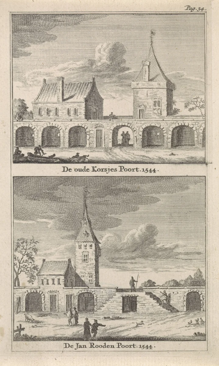 Gezicht op de Korsjespoort en Jan Roodenpoortstoren te Amsterdam by Jan Goeree, print, 1723
