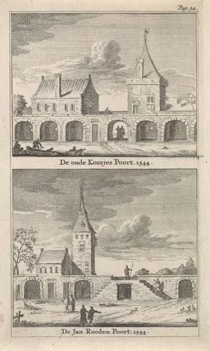 Gezicht op de Korsjespoort en Jan Roodenpoortstoren te Amsterdam by Jan Goeree, print, 1723