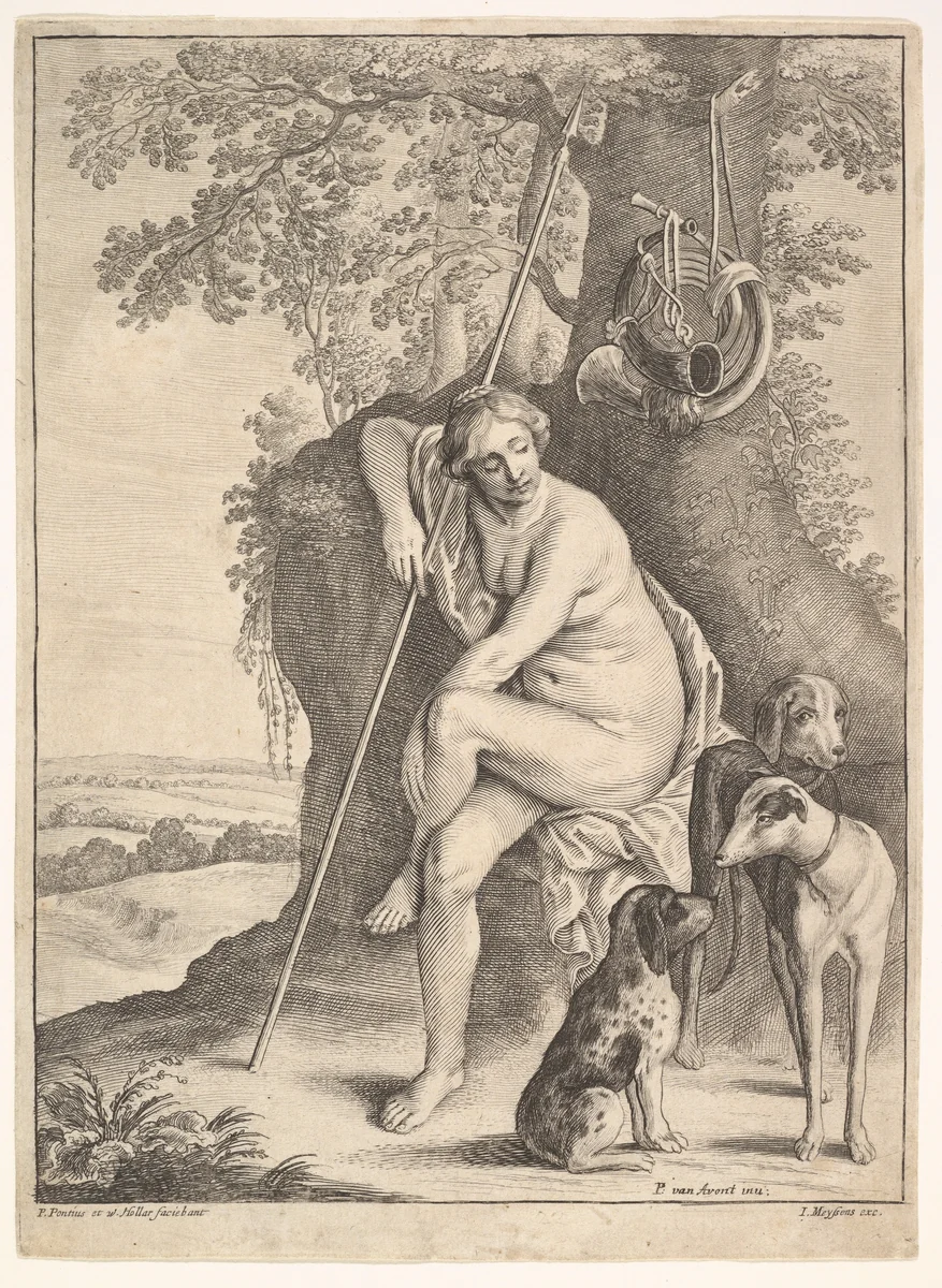 Seated figure of Diana the Huntress by Wenceslaus Hollar, print, 1644-1652