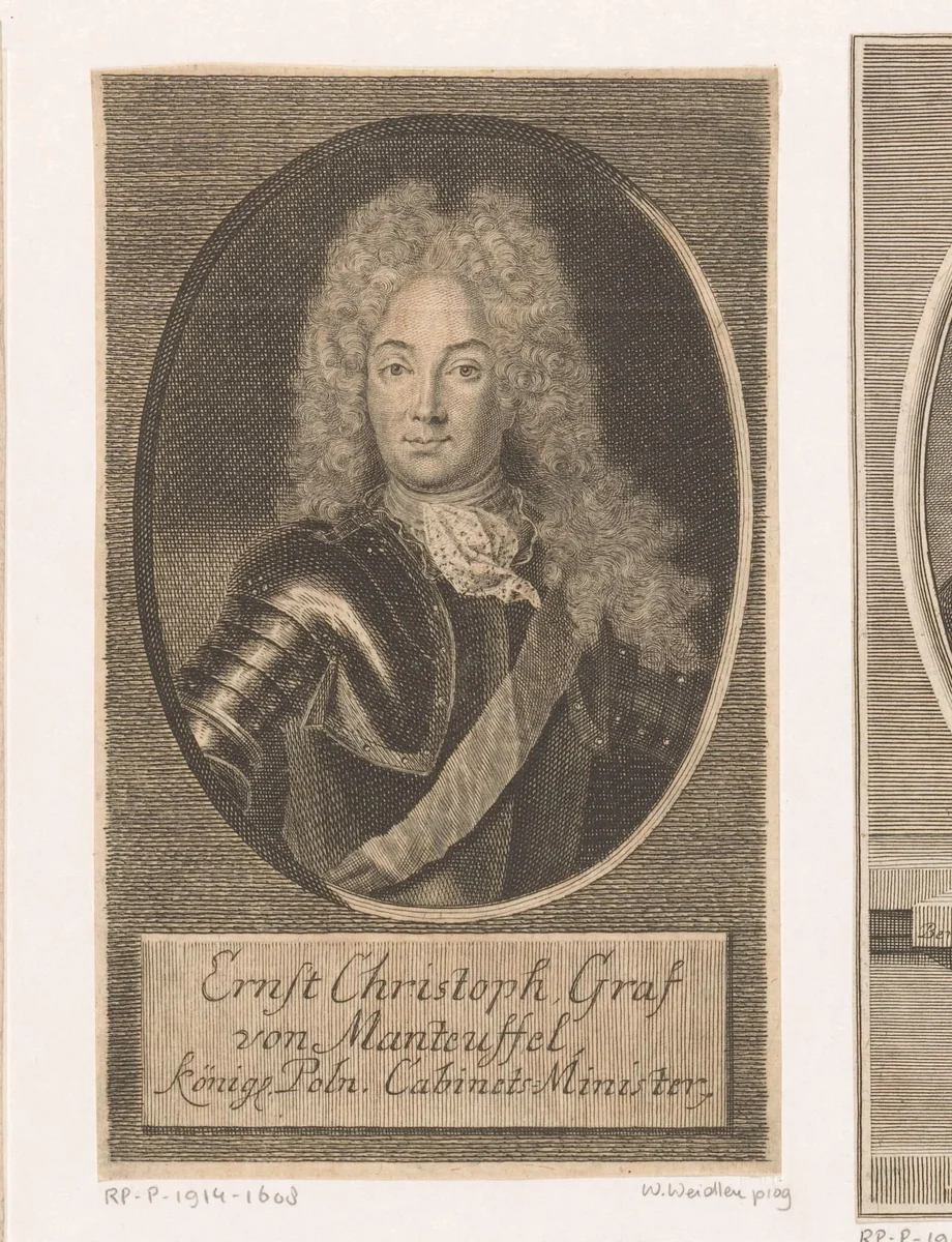 Portret van Ernst Christoph, Reichsgraf von Manteuffel by Martin Bernigeroth, print, 1720
