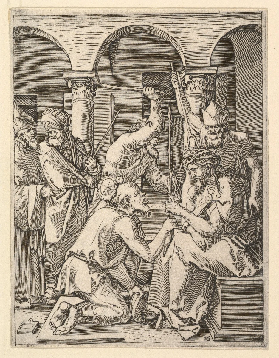 The Crown of Thorns; men putting crown of thorns on Christ who blesses kneeling man, from "The Passion of Christ", after Dürer by Marcantonio Raimondi, print, 1495-1539