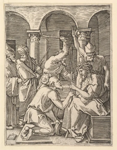 The Crown of Thorns; men putting crown of thorns on Christ who blesses kneeling man, from "The Passion of Christ", after Dürer by Marcantonio Raimondi, print, 1495-1539