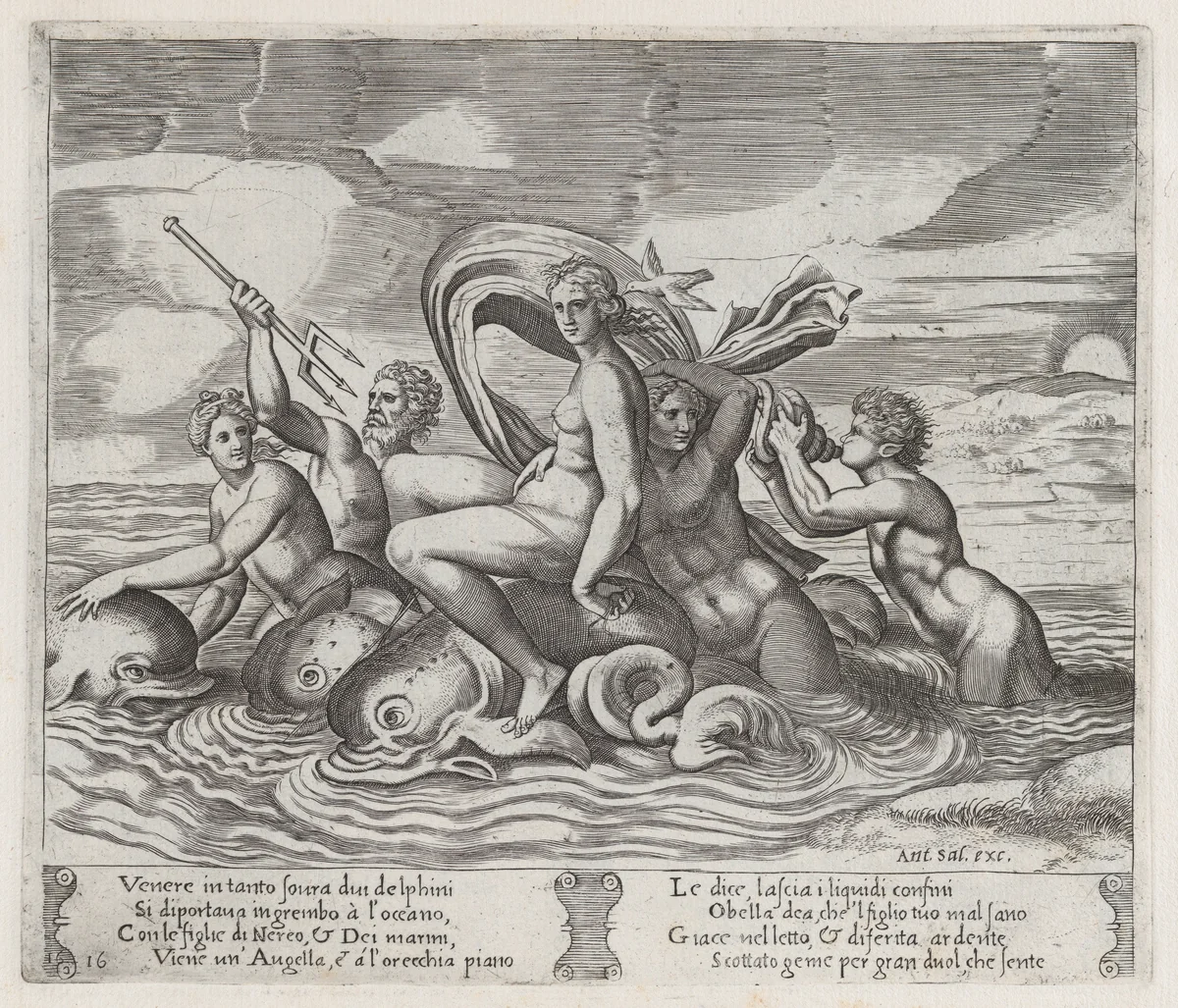 Plate 16: A white bird tells Psyche of Cupid's illness, as she rides dolphins on the sea accompanied by tritons and nereids, from "The Story of Cupid and Psyche as told by Apuleius" by Master of the Die, print, 1530-1560