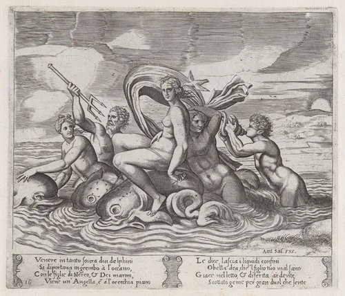 Plate 16: A white bird tells Psyche of Cupid's illness, as she rides dolphins on the sea accompanied by tritons and nereids, from "The Story of Cupid and Psyche as told by Apuleius" by Master of the Die, print, 1530-1560
