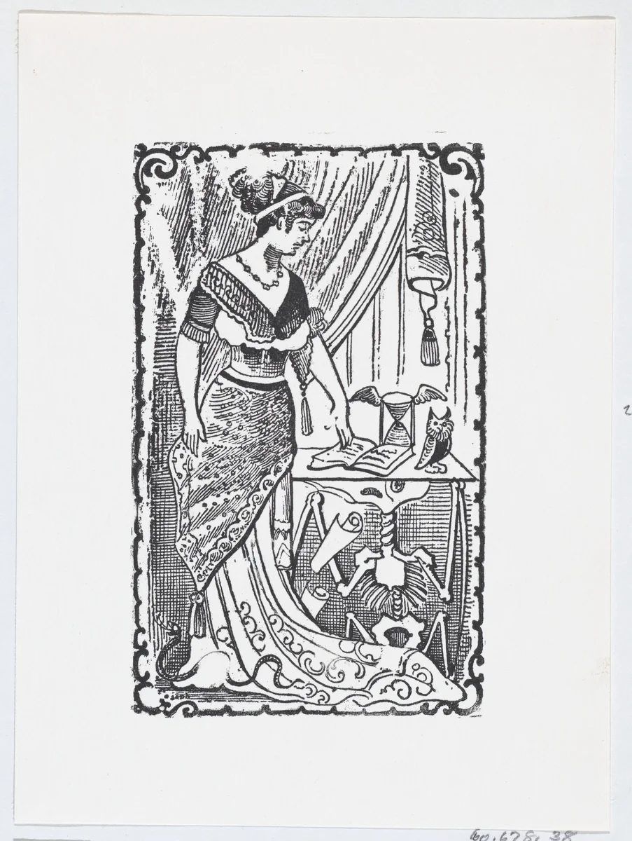 A woman pointing to a book on a desk with a skeleton underneath by José Guadalupe Posada, print, 1875-1885