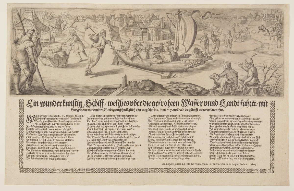 Broadside with a Barge Sailing on Ice by Christoffel van Sichem, print, 1605