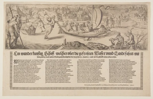 Broadside with a Barge Sailing on Ice by Christoffel van Sichem, print, 1605