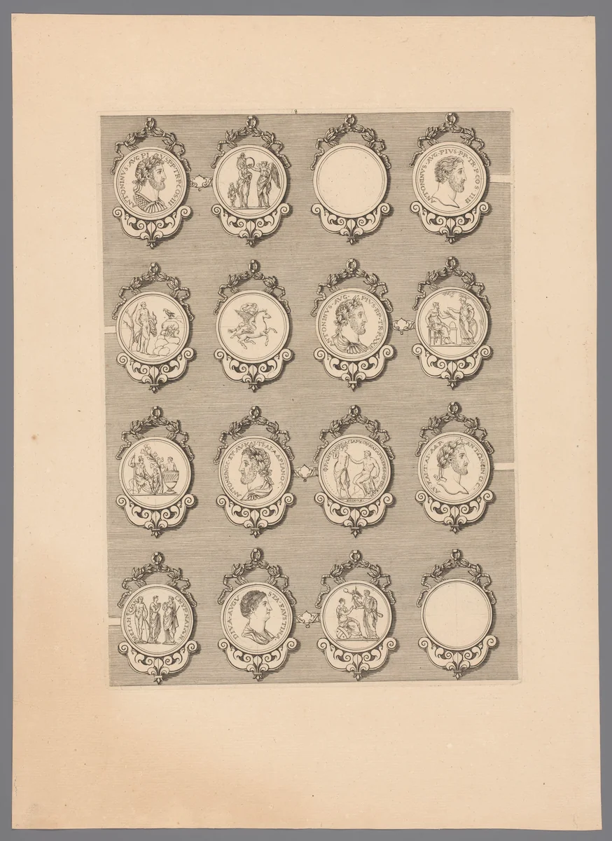 Zestien penningen met versierde lijsten, waarvan twee blanco by Simon de la Boissière, print, 1647-1682