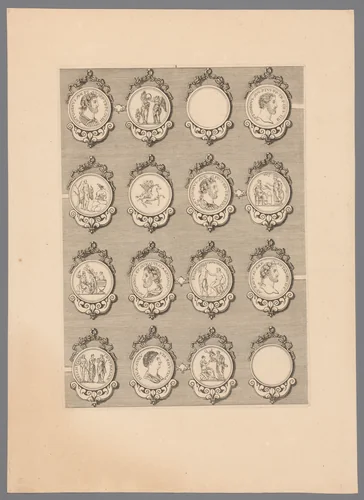 Zestien penningen met versierde lijsten, waarvan twee blanco by Simon de la Boissière, print, 1647-1682