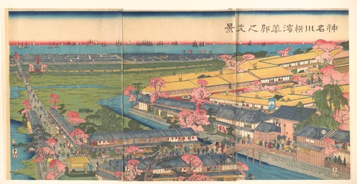 View of the Yokohama Pleasure Quarters of Kanagawa at Cherry Blossom Time by Utagawa Sadahide, print, 1860
