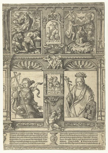 Blad met twee sibyllen en twee scènes by Unknown, print, 1520-1521