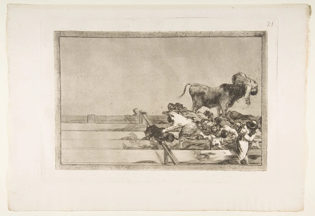 Plate 21 from "La Tauromaquia": Dreadful events in the front rows of the ring at Madrid and death of the mayor of Torrejon by Goya, print, 1816