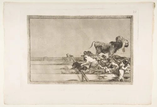 Plate 21 from "La Tauromaquia": Dreadful events in the front rows of the ring at Madrid and death of the mayor of Torrejon by Goya, print, 1816
