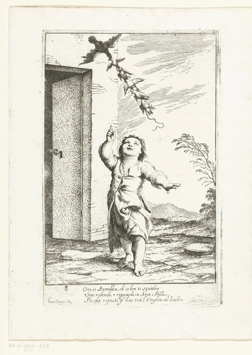 Bertoldino wijst naar de kippen en de Kiekedief by Giuseppe Maria Crespi, print, 1710-1715
