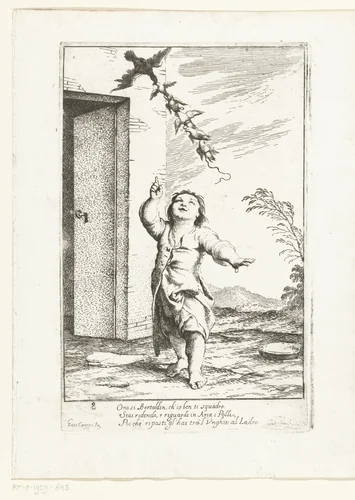 Bertoldino wijst naar de kippen en de Kiekedief by Giuseppe Maria Crespi, print, 1710-1715