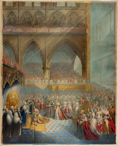 Her Most Gracious Majesty Queen Victoria Receiving the Sacrament at her Coronation by George Baxter, print, 1824-1867