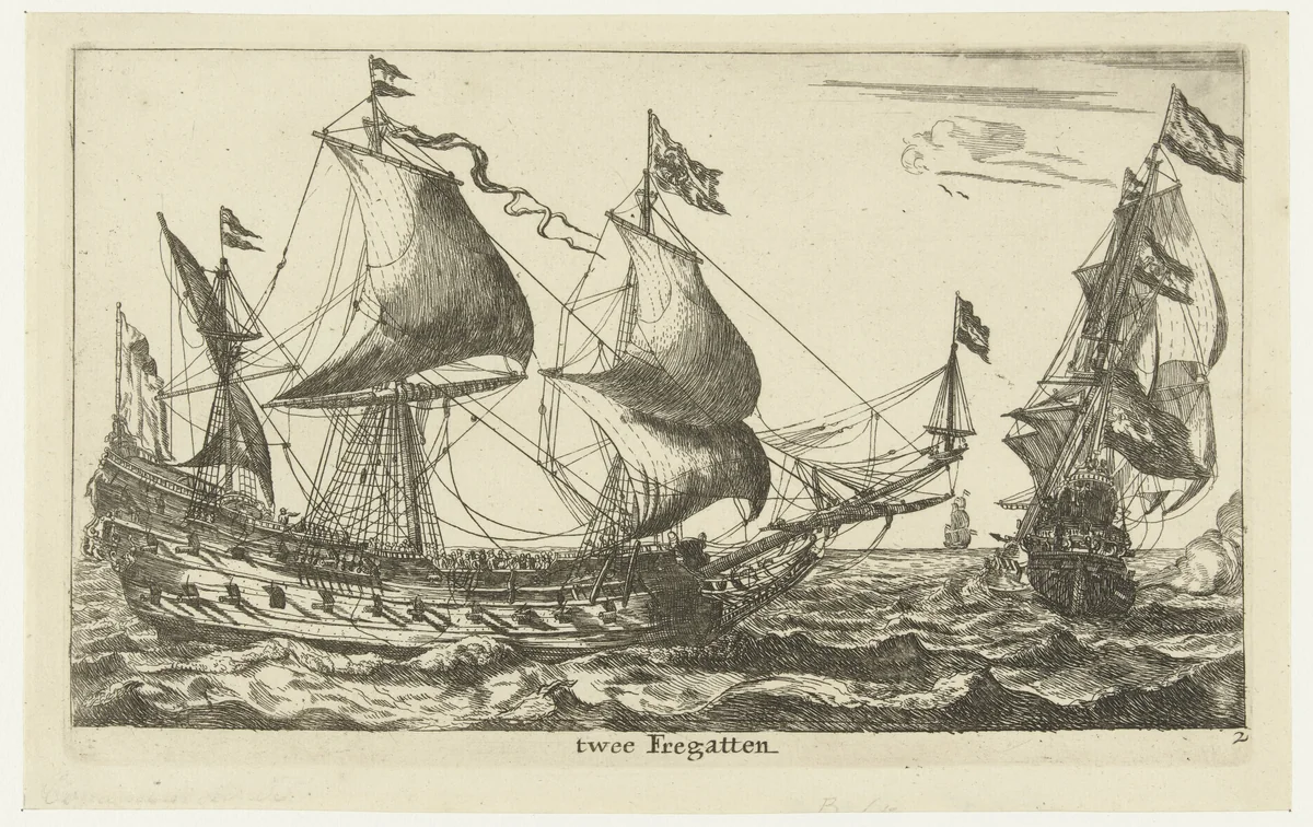 Twee Nederlandse fregatten by anonymous, print, 1652-1714