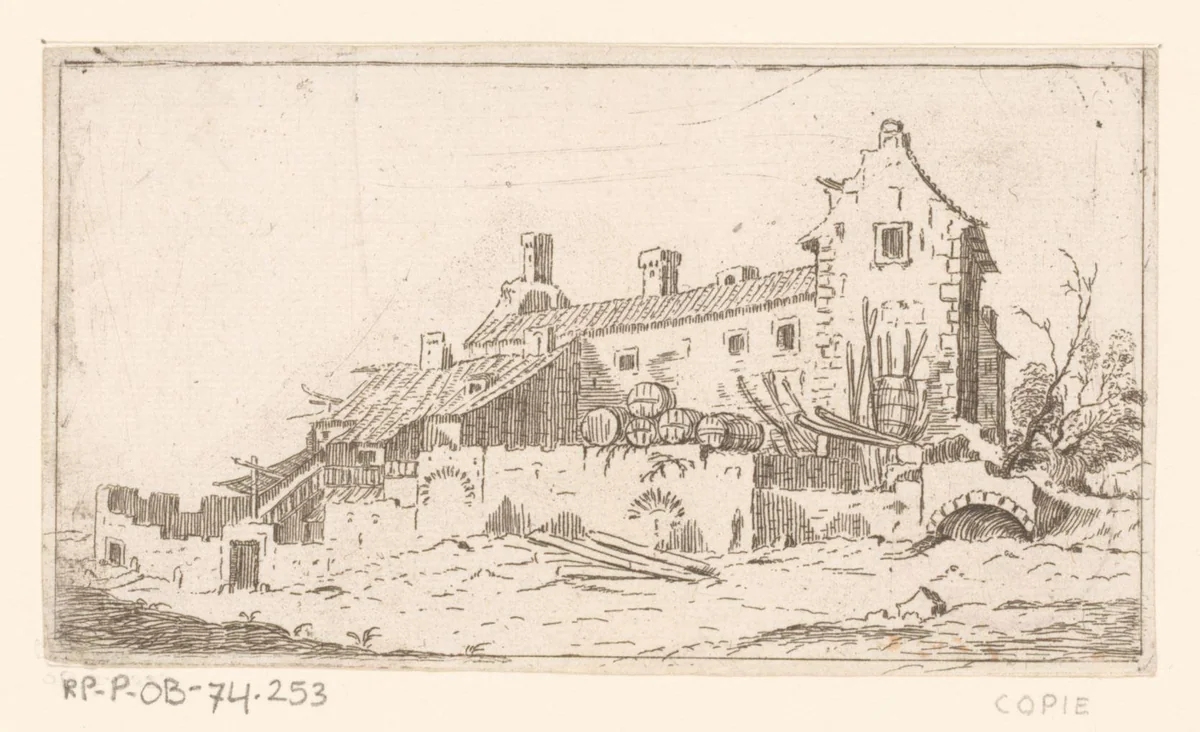 Huis waartegen vaten opgestapeld liggen by anonymous, print, 1631-1691
