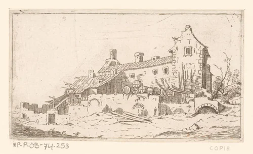 Huis waartegen vaten opgestapeld liggen by anonymous, print, 1631-1691