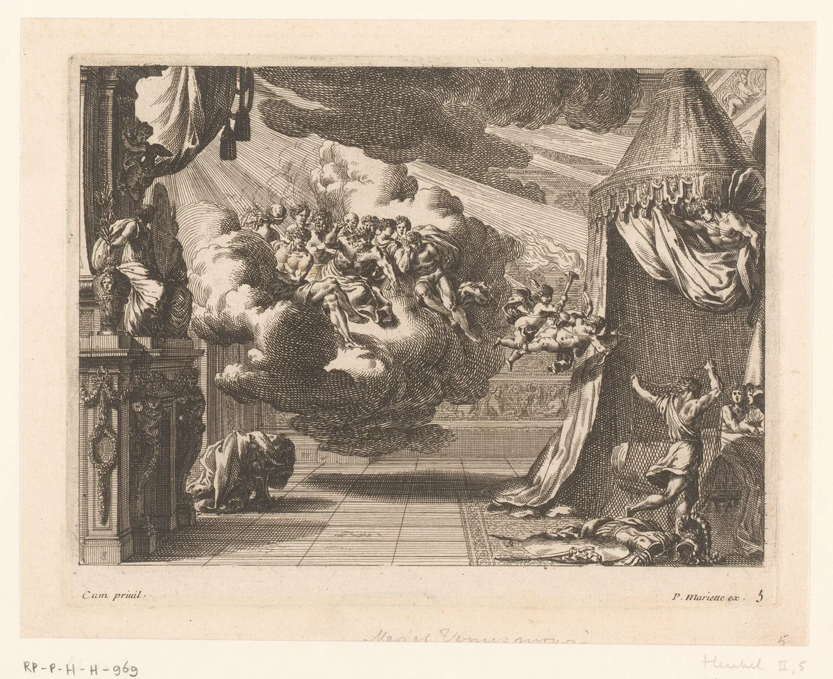 Mars en Venus door Vulcanus verrast by Jean Lepautre, print, 1628-1682