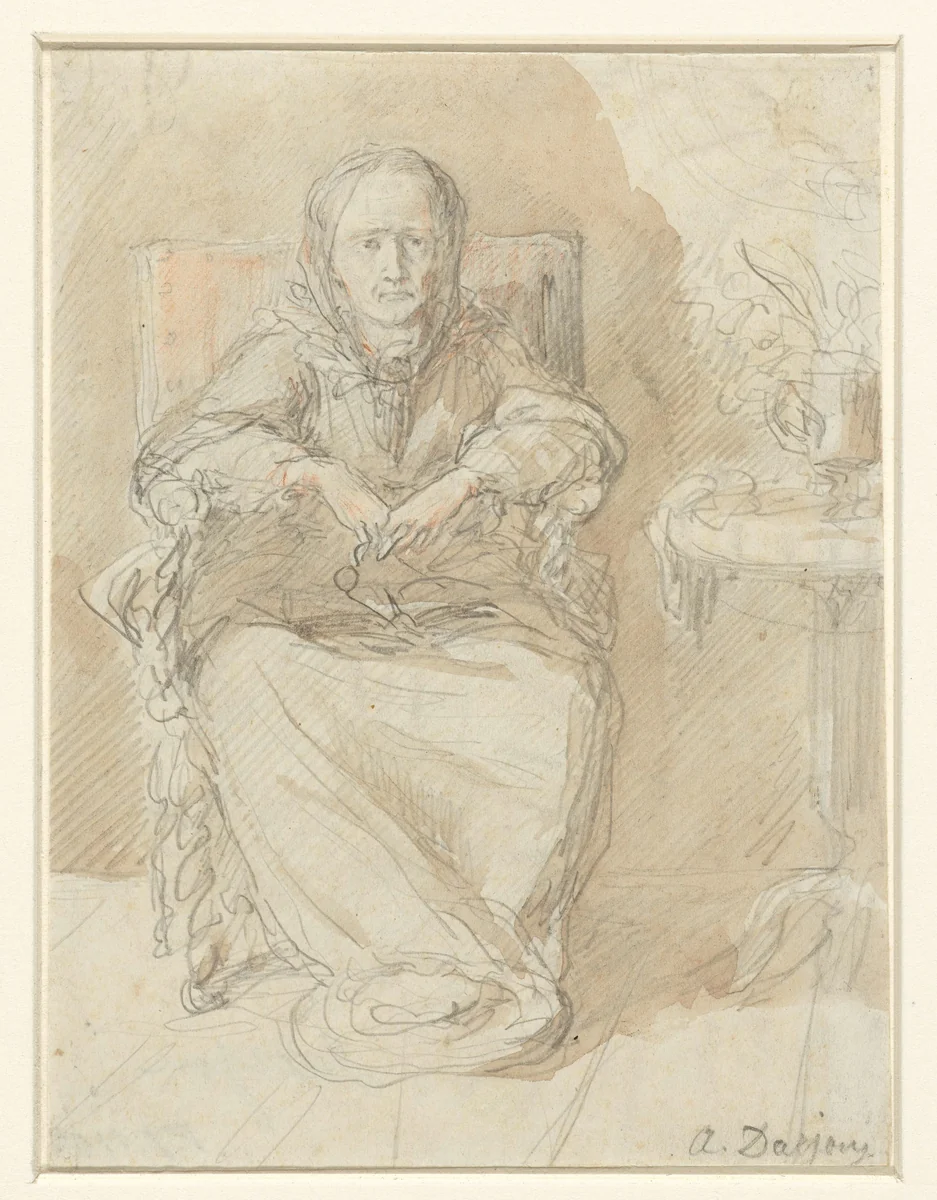 Zittende oude dame naast een tafel by Alfred Darjou, drawing, 1842-1874