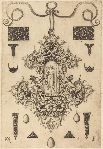 Large Pendant, Strength Standing at Centre by Daniel Mignot, print, 1593