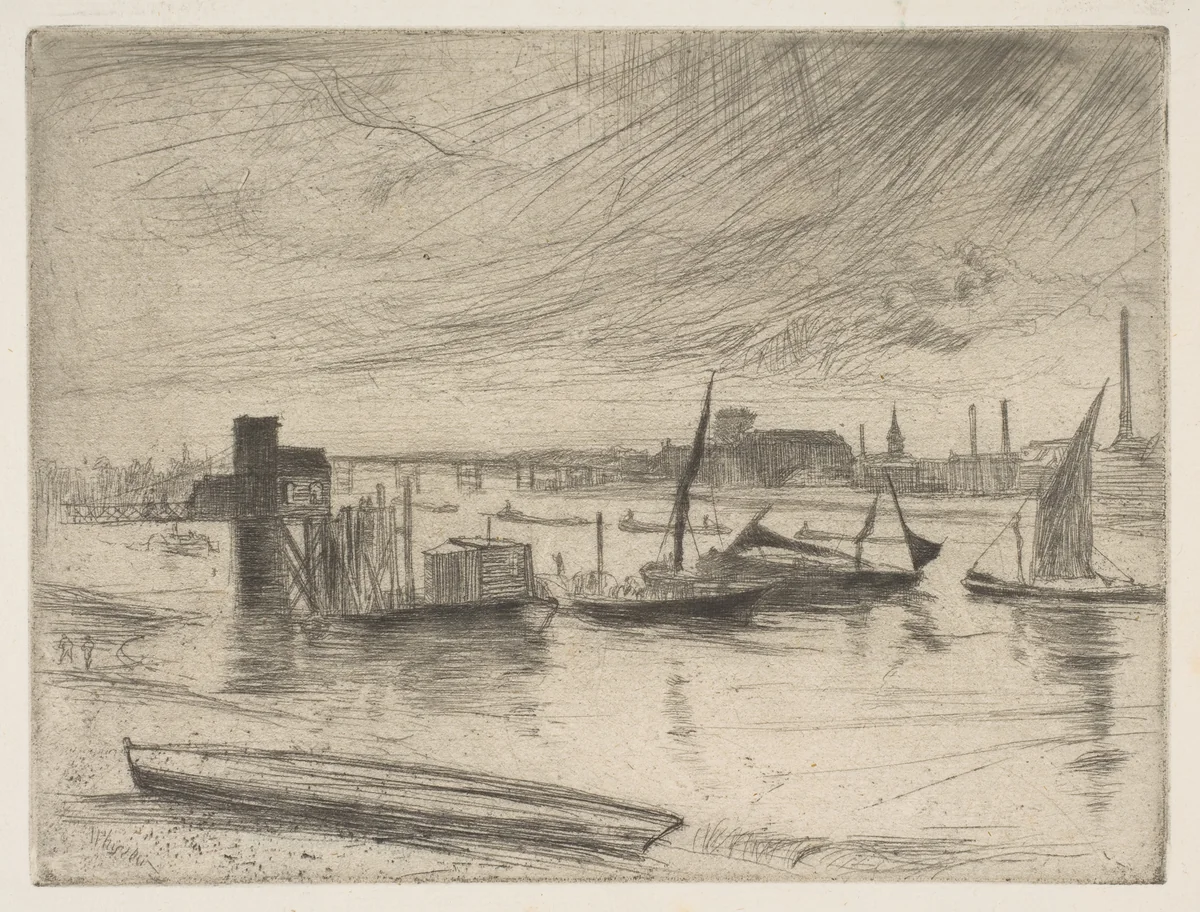 Early Morning, Battersea (Battersea Dawn) (Cadogan Pier) by James McNeill Whistler, print, 1861