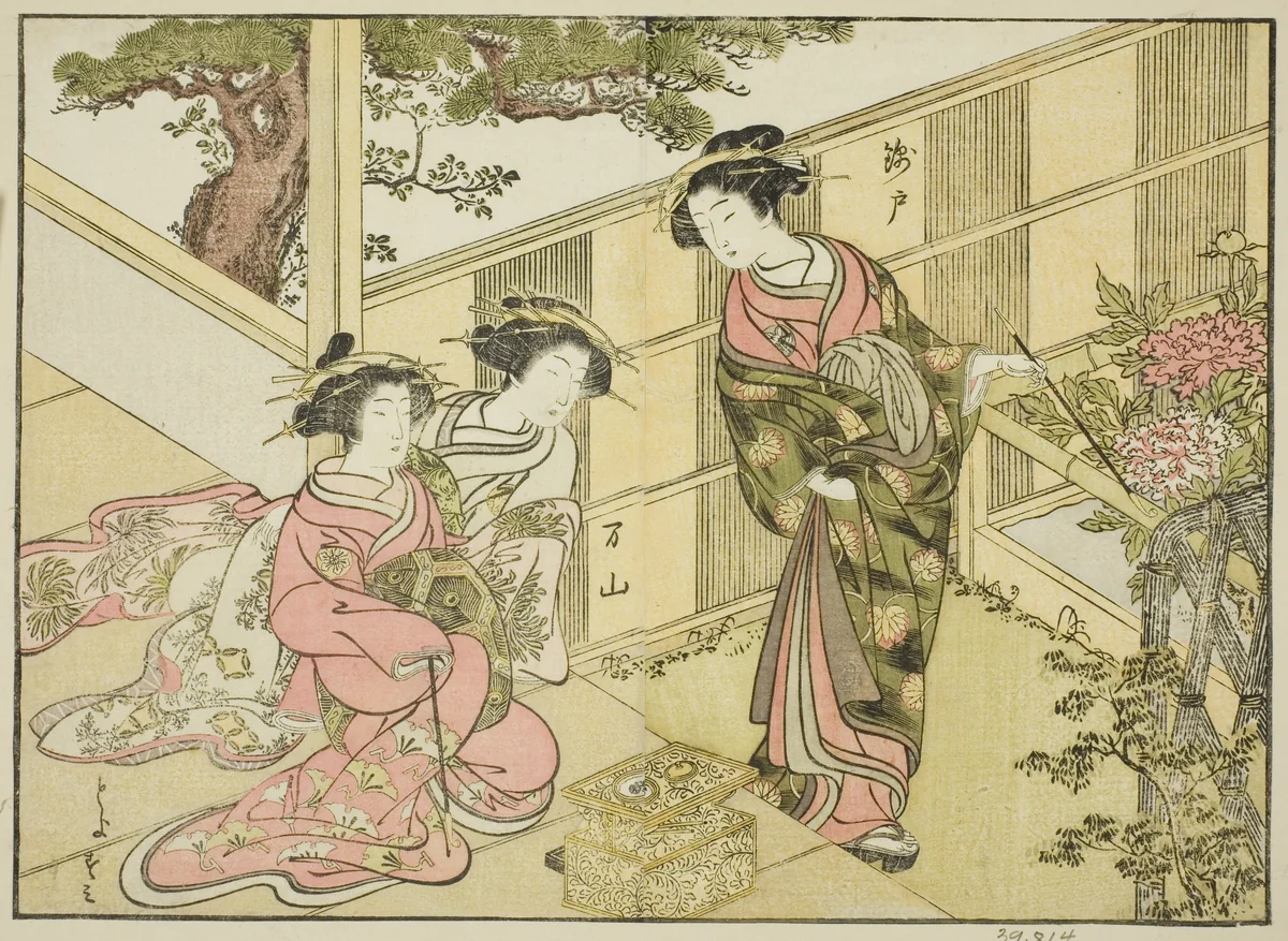 Courtesans of the Chojiya, from the book "A Comparison of Beauties of the Green Houses: A Mirror of Their Forms (Seiro bijin awase sugata kagami)," vol. 1 by Katsukawa Shunsho (勝川 春章), print, 1776