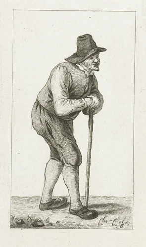 Man leunend op stok by Pieter de Mare, print, 1779