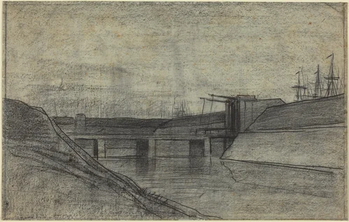 Bridge over an Estuary by Charles-François Daubigny, drawing, 1817-1878