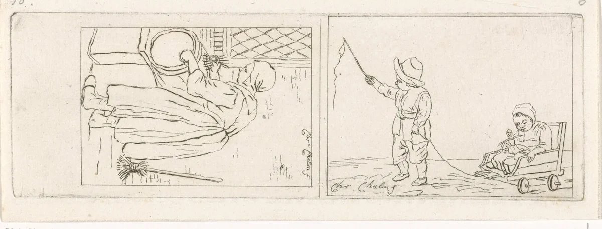 Boenende vrouw en kinderen spelend met rolkar by Pieter de Mare, print, 1779