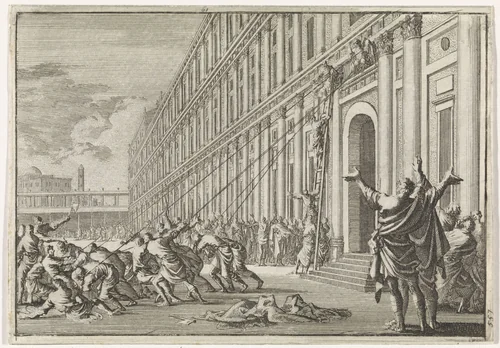 De gouden arend van Herodes wordt door het volk met touwen van de tempel gerukt by Jan Luyken, print, 1704