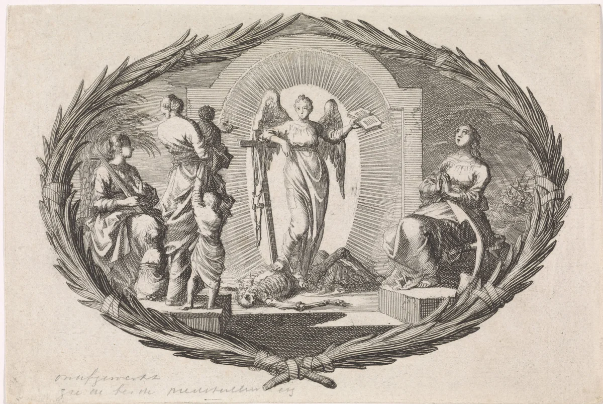 Theologische deugden en een engel by Jan Luyken, print, 1700